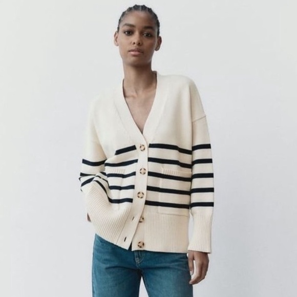 Zara Sweaters - ZARA Stripe Cardigan Sweater in Ivory and Black Stripes button front‎